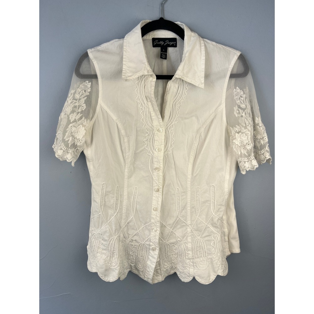 Gretty Zueger White Cotton Short Sleeve Boho Top SZ L Lace Sleeves Embroidered